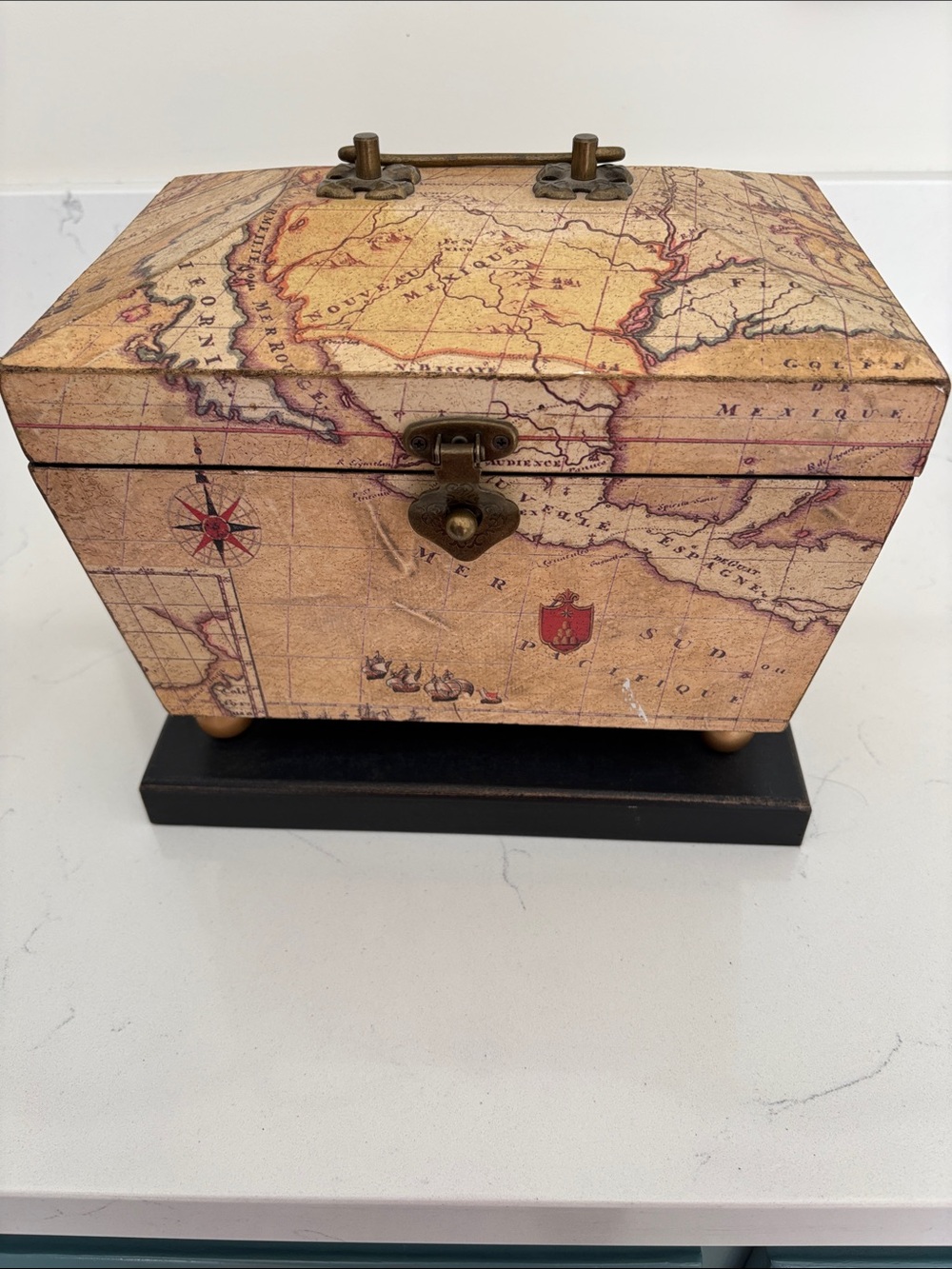 Wooden Vintage  Map Storage Box - Beige Brown